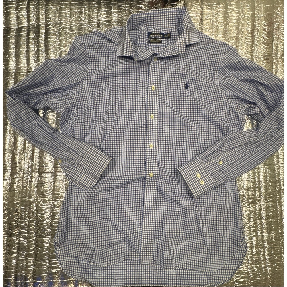 Polo Ralph Lauren Mens 16.5 34/35 Blue Gingham Classic Fit Easy Care Shirt